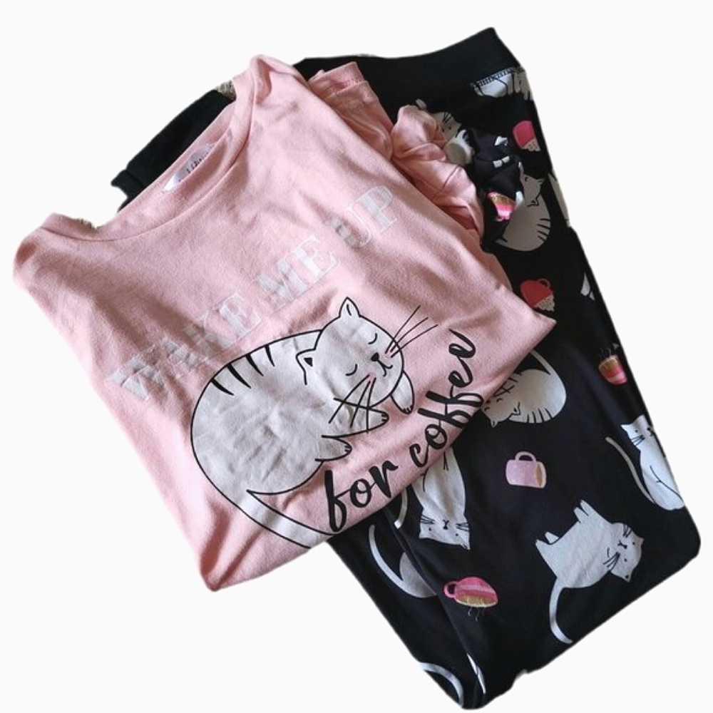 *NEW* WEEKEND EDITION  Pink & Black 3 Piece Women's Cat Pajama Set Size Medium